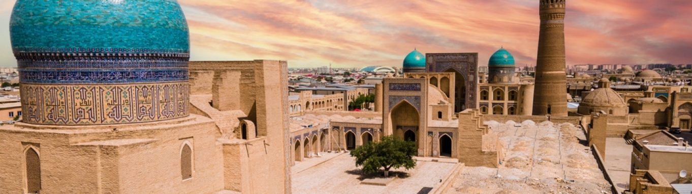 Bukhara,,Uzbekistan,Aerial,View,Of,Mir-i-arab,Madrasa,Kalyan,Minaret,And